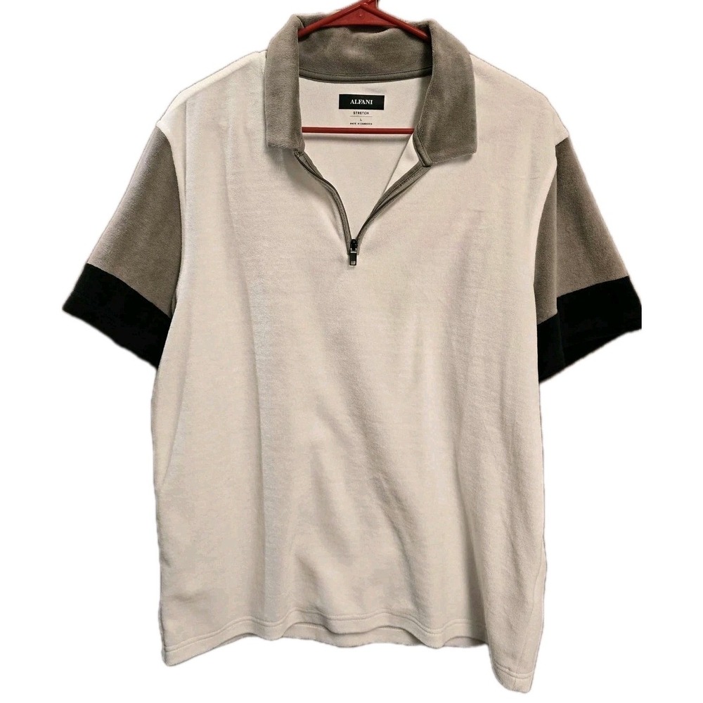 ALFANI Men's Sz L Colorblocked Egret Cream, Gray, & Black Polo Shirt